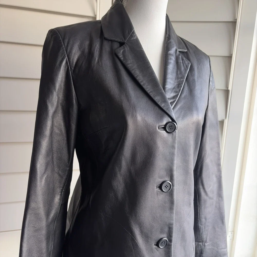 Vtg Wilsons Black Soft Leather Blazer Jacket Women S Tailored Career Y2K Classic